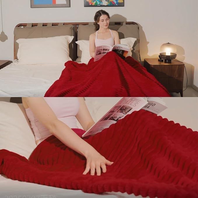 Red Sherpa Fleece Throw Blanket 50”×60” for Couch Sofa Bed | Double Side Soft Fuzzy Cozy Plush Thick Flannel Blanket with Striped Design Gift for Adults,Woman