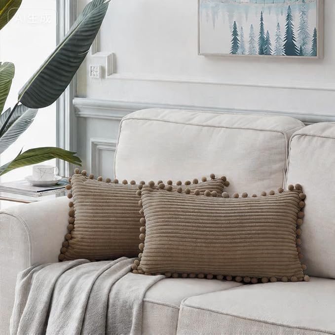 Fancy Homi Set of 2 Light Brown Lumbar Decorative Throw Pillow Covers 12x20 Inch with Pom-poms, Soft Corduroy Solid Rectangle Cushion Cases Set for Couch Sofa Bedroom Car Living Room 30x50 cm