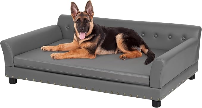 XL Leather Dog Sofa: Scratch Resistant Pet Couch up to 132lbs Gray | Extra Large Luxury Indoor Dog Furniture, Elevated Wooden Frame Jumbo Pet Lounge Bed, Easy Clean, Replaceable Cover