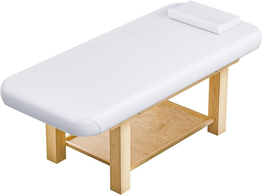 28in Wide Massage Table with 1500lbs Weight Capacity, Wooden Base, Massage Bed Adjustable Backrest for Professional & Home Use, Spa Treatment Table for Relaxation and Therapy，White