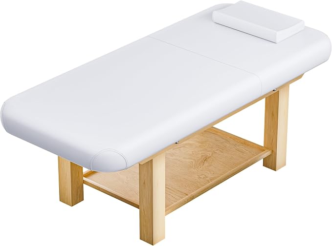 Heavy Duty Frame Professional Massage Table with Adjustable Backrest & Height Legs & Face Pillow, PU Leather, for Treatment, Physical Therapy, Spa Facial Professional Massage (Wood, White)