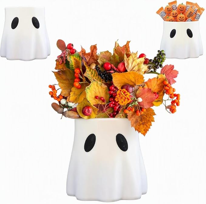 Ghost Bucket Planter, Cute Ghost Design, Plastic, Indoor & Outdoor Decor, Versatile for Plants or Halloween Treats, Durable and Weather-Resistant, Ideal for Spooky Home or Garden Decoration (5.91‘)