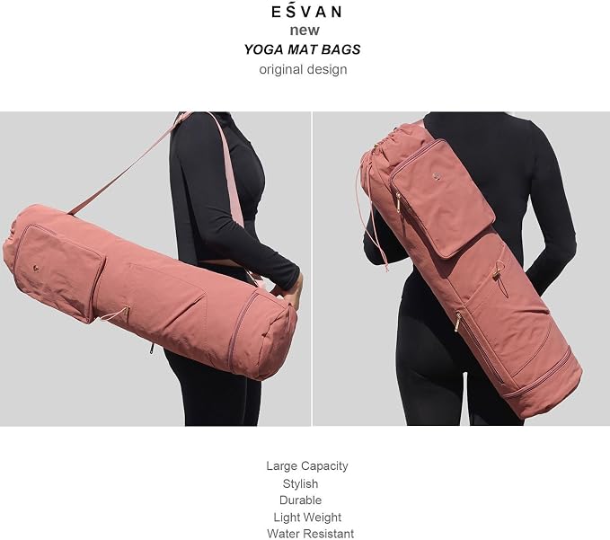 ESVAN Yoga Mat Bag with Multi Pockets Drawstring Yoga Mat Carrier Pilates Exercise Multi-Functional Storage Bag