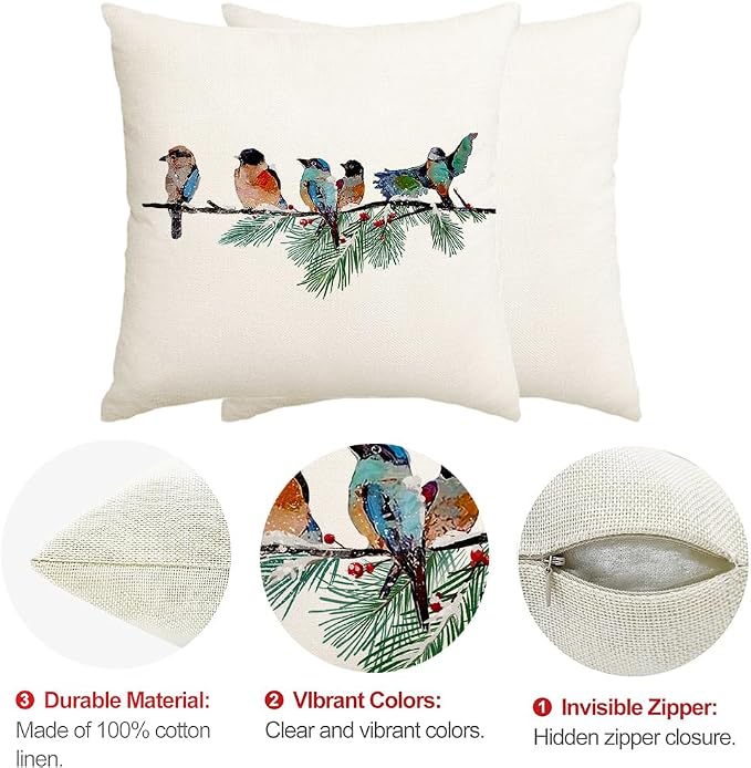 RABUSOFA Christmas Pillow Covers 18x18 Inch Birds Christmas Decorations Christmas Winter Throw Pillow Cases Xmas Outdoor Birds Decor Decorative Pillows for Couch Holiday Teal