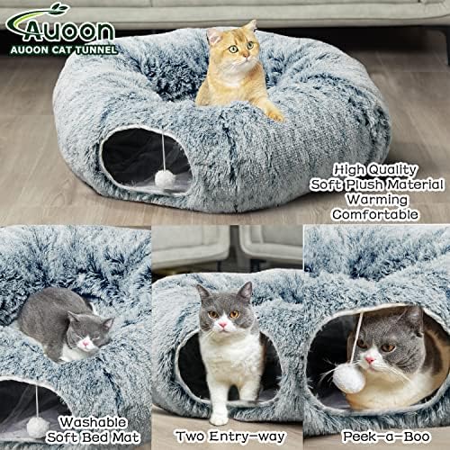 AUOON Plush Cat Tunnel Bed for Indoor Cats, 36" L x 36" W x 11.5" H, Gray