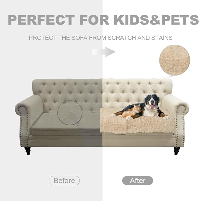 Waterproof Dog Bed Cover, Dog Pad Soft Plush Pet Blanket with Anti-Slip Back for Bed Couch Sofa, Furniture Protector for Small, Medium and Large Dogs and Cats (Beige, 82"x102")
