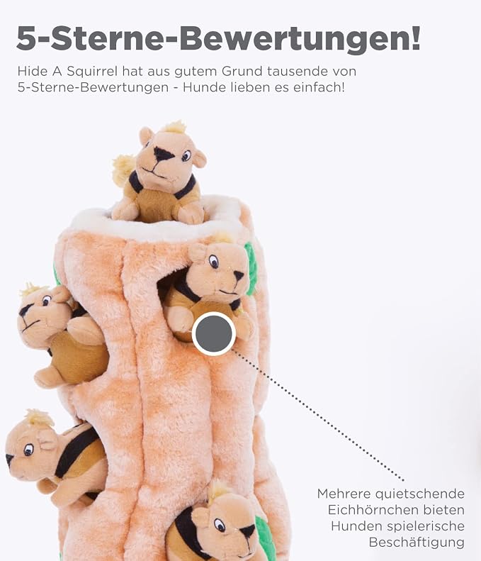 Outward Hound Hide-A-Squirrel Plush Squeaky Dog Toy, Medium, 6.5" x 6.5" | Hide-n-Seek Puzzle, 3 Removable Squirrels, Fetch Play, Interactive Enrichment, Boredom Buster, Light Chewers, Dogs & Puppies
