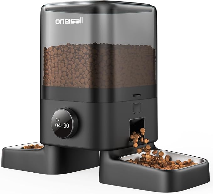 oneisall Automatic Cat Feeder for 2 Cats Pets, 20 Cups/5L | Prevent Fighting, Precise Portions, Balanced Dispensing, Large Kibble Support, Non-Slip & Stable, Stainless Steel Bowls