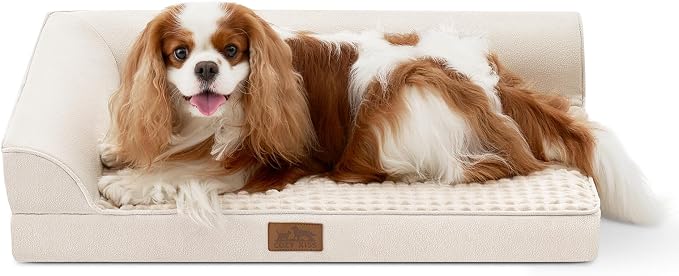 COZY KISS Orthopedic Dog Bed for Medium Small Size Dogs, L Shaped 30x20 in | Non-Slip Bottom Soft Pet Sofa with Washable Removable Waterproof Cover, Egg-Crate Foam Couch with Portable Handle, Beige