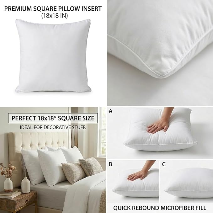 Qeils 18 x 18 Pillow Inserts Set of 4 White Throw Pillow Inserts with Soft Polyester Cover - Rectangle Square Interior Sofa Pillow Inserts Decorative Pillow Insert White Couch Pillow, Pack of 4