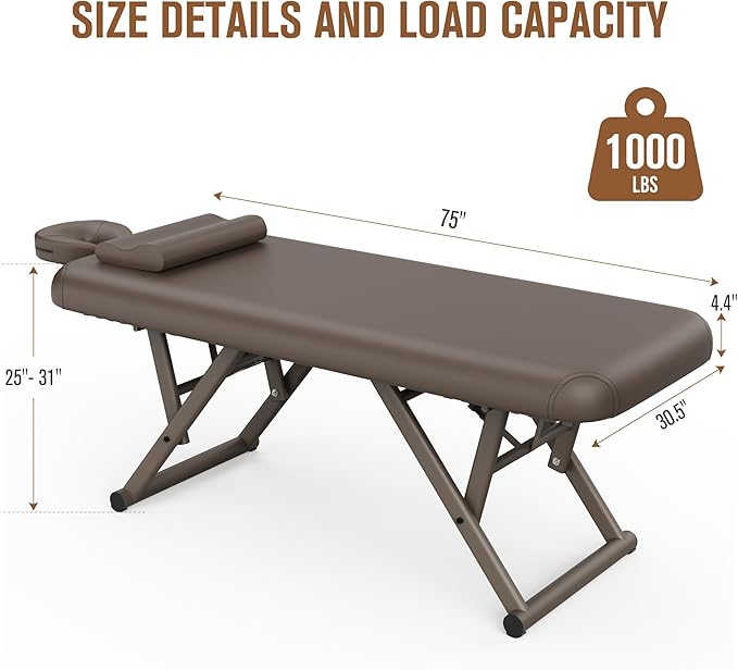 Heavy Duty Stationary Massage Table - Adjustable Massage Table With Adjustable Height & Fixed Backrest, Treatment Tables With PU Leather, C-Shaped Pillow and Sturdy Metal Frame Support Up to 1000LBS