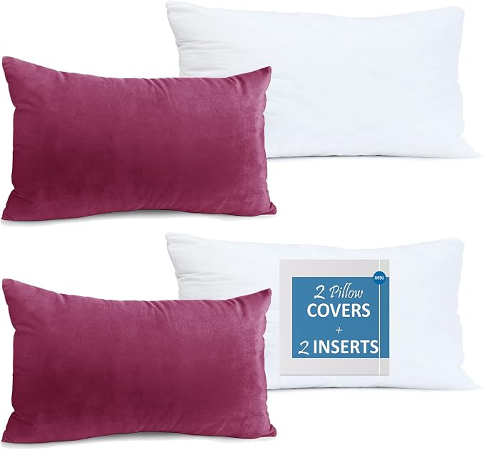 Throw Pillow Inserts Pack of 2 with Velvet Soft Solid Decorative Square Throw Pillow Covers Set for Sofa Couch Car Bedroom, 12X20 Throw Pillows Inserts with 12x18 Washable Cushion Covers, Magenta
