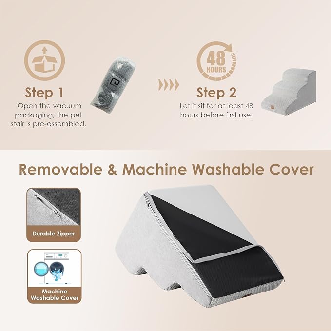 EHEYCIGA Curved Dog Stairs Ramp, 3-Step Dog Steps, 15.7" H Pet Step | 33D density of pure foam, for Small Dogs and Cats, Pet Stairs for High Bed Climbing, Non-Slip Balanced Indoor, Light Grey