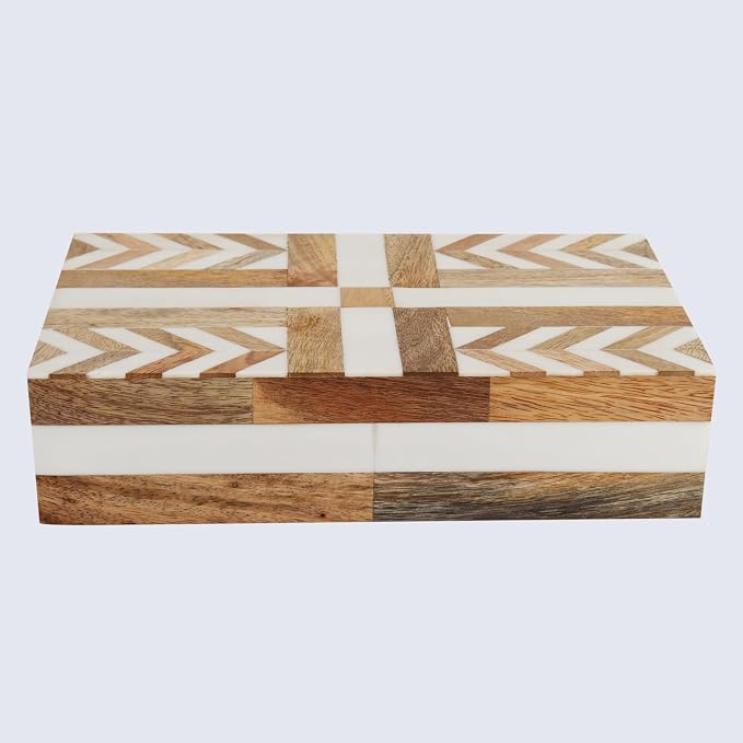 Handicrafts Home White Decorative Storage Box with Lid Wooden Storage Organizer Box Multi Purpose Storage Box for Coffee Table Desk Shelf Decor – Resin Inlay Patisserie Adorn Collection- 10x6x2.5