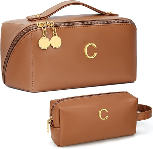 KKXIU Initial Makeup Bag for Women - Personalized Makeup Bag Gifts for Women, Travel Toiletry Bag with PU Leather, Open Flat Design with Top Handle, Cosmetic Bag Set with Multi-Pocket (Brown,C)