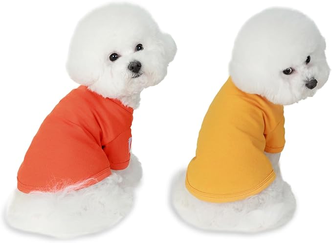 Koneseve Dog Shirts Soft Plain Solid T-Shirt Stretchy - Yellow & Orange M | 2-Pack Breathable Cotton Clothes for Small Dogs & Cats, Easy Tee Pull-On, All-Season Cozy Daily Wear & Outdoor Free Moves
