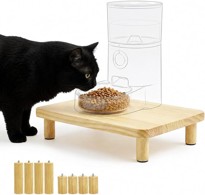 Elevated Cat Food Stand for Automatic Feeders, 13.5 x 7.8, 1 Pack | Adjustable to 2.4" or 3.9", raised platform for most auto feeders and cat bowls, solid pine wood, for comfortable feeding
