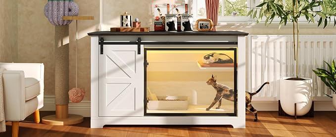 Cat Bed Cave Large Litter Box Enclosure with LED Light, Hidden Cat HOU,A2