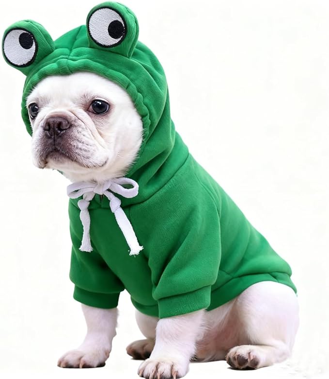 Fleece Lined Warm Dog Hoodie Green Frog Design Costume Pet Sweatshirt, XXL | Autumn Winter Spring Summer Cute Design Pet Clothing For 2-25 lbs Dog Cat French Bulldog Chihuahua Pug Poodle Dachshund