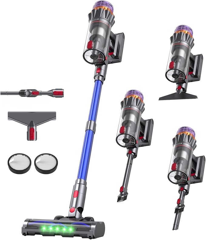 Cordless Stick Vacuum Cleaner, 600W 55Kpa 70Mins for Home, Pet Hair, Carpet | Self-Standing, Anti-Tangle Brush, Touch Screen, 6-in-1 Vacuum Cleaner, Green LED Dust Reveal, HEPA Filter, 1.5L Cup for Floor