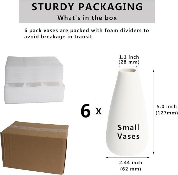YANLING 6 Pack Small White Vase for Home Decor, 5 in Modern Ceramic Vases | for Pampas Grass, Boho Vase White Vases for Dried Flowers, Wedding Dinner Table Party