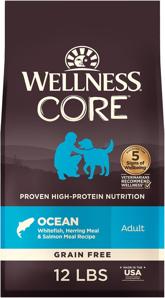 Wellness CORE Adult Dry Dog Food, Grain Free Kibble, Natural, High Protein, Chicken Free, Whitefish, Herring and Salmon Recipe, 12 lb Bag