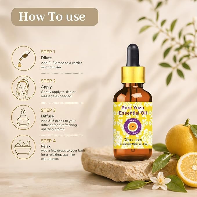 Deve Herbes Yuzu Oil (Citrus Junos) with Glass Dropper | Cold Pressed | Pure | Natural | Undiluted | For Diluting Essential oils | For Skin & Massage | Non-Sticky| Lightweight| Unisex | 15ml (0.50 oz)