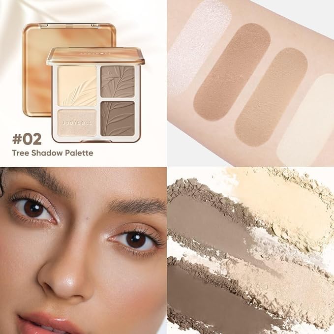 JUDYDOLL Highlight & Contour Palette, All-in-One Matte Highlighter Contour Compact, stocking stuffers, Blendable Face Makeup for Beginners, for Warm Skin Tone (New Version 02 Tree Shadow Palette)