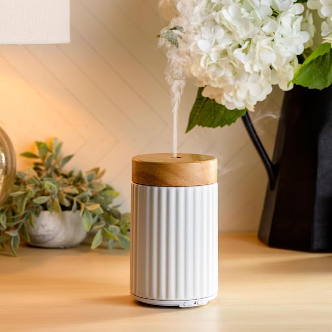 Airome Ceramic Essential Oil Diffuser|100 mL Humidifying Ultrasonic Aromatherapy Diffuser 8 Colorful LED Lights, Intermittent & Continual Mist, Auto Shut-Off, Wood & Ceramic