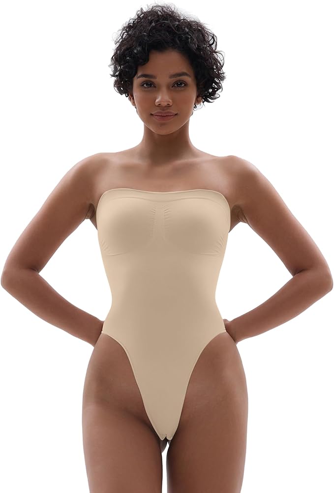 SHAPERX Strapless Shortie Bodysuit for Women Tummy Control Shapewear Seamless Body Shaper with Removable Straps