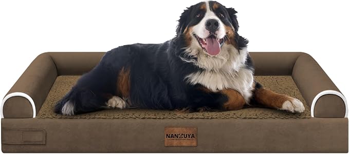 Orthopedic Dog Bed for Jumbo Dogs, 53 x 42 Inch, Coffee | Egg crate foam for joint support, 3-sided bolster pet sofa, waterproof lining, washable cover, and non-skid base