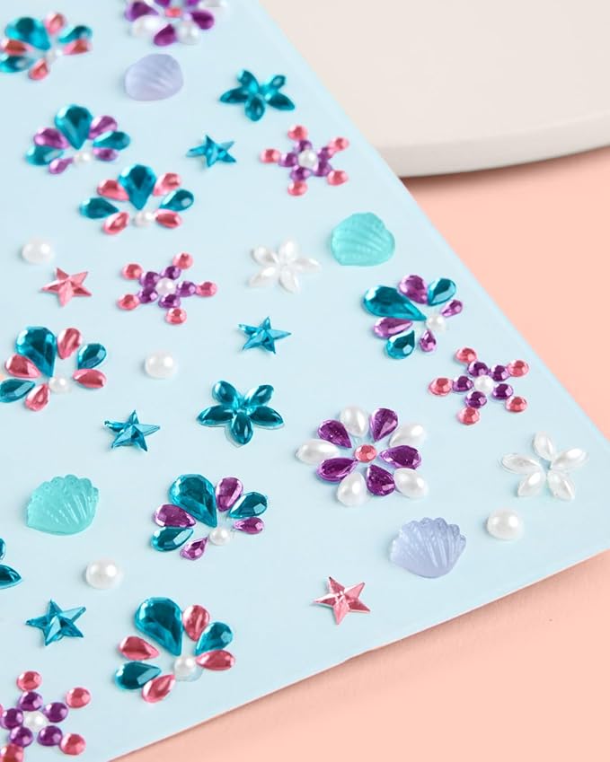 xo, Fetti Kids Face Gems, Mermaid Pink + Blue - 52 pcs. | Cute Seashell Face Stickers, Pearl Birthday Rhinestone Accessory, Under the Sea Decorations