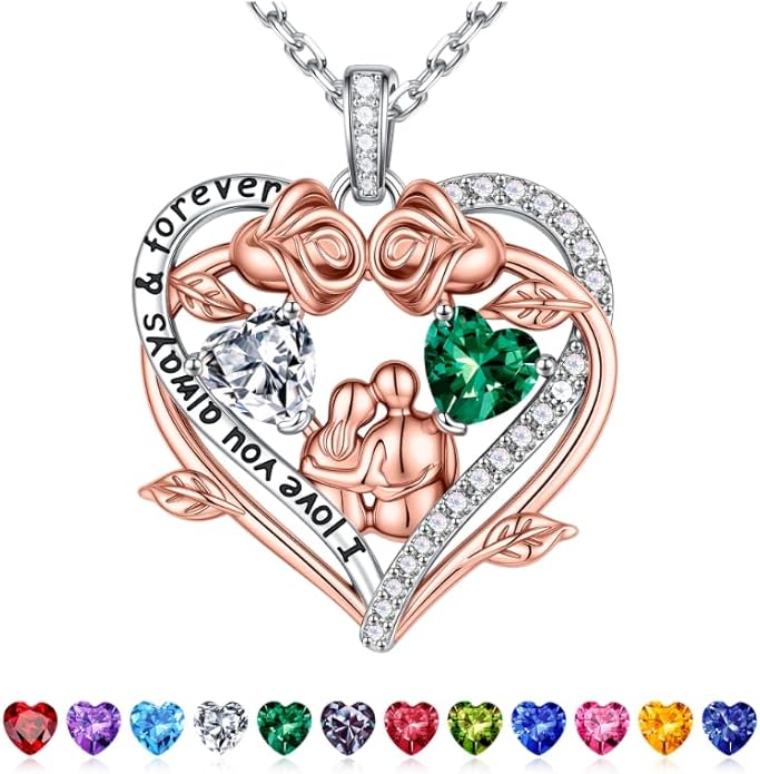 Iefil Valentines Gifts for Her Wife - 925 Sterling Silver Double Heart Birthstone Necklace, Anniversary Birthday Gifts for Women Wife Girlfriend