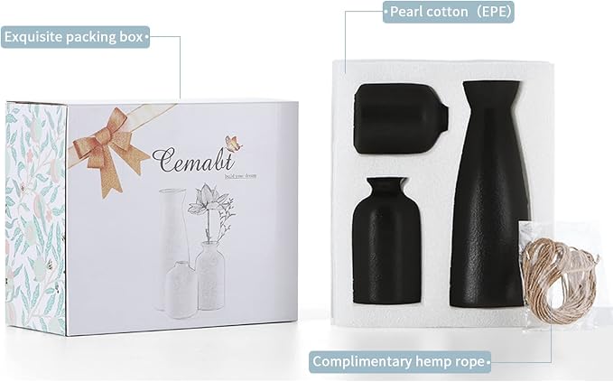 CEMABT Black Ceramic vase Set-3 Small Flower vases for Decor,Modern Boho Farmhouse Home Decor,Decorative vase for Pampas Grass&Dried Flowers,idea Shelf,Table,Bookshelf ，Entryway- Distressed