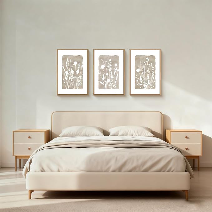 FWIEXA Neutral Botanical Canvas Wall Art Set 3, Minimalist Boho Wildflowr Framed Prints, Beige Floral Paintings, 24x36In Rustic Plant Artwork Poster for Farmhouse, Gift, Living Room, Bedroom, Office