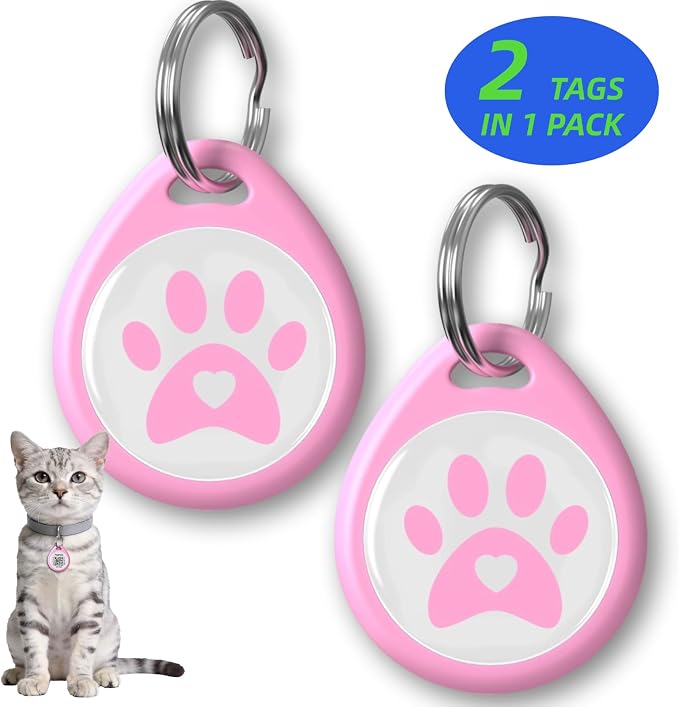 QR Code Cat ID Tag for Indoor Cats, Personalized Silent Cat Collar Tag with Online Profile, Scan to Contact Owner, No App No Subscription, Anti-Lost, 2 Pack (Pink, 1")