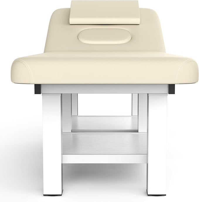 pouseayar Metal Frame Wide Stationary Massage Table for Treatment Table Physical Therapy Table Spa Facial Bed, PU Leather 31.5'' Wide 75'' Long (Beige Grey, Integral Structure)