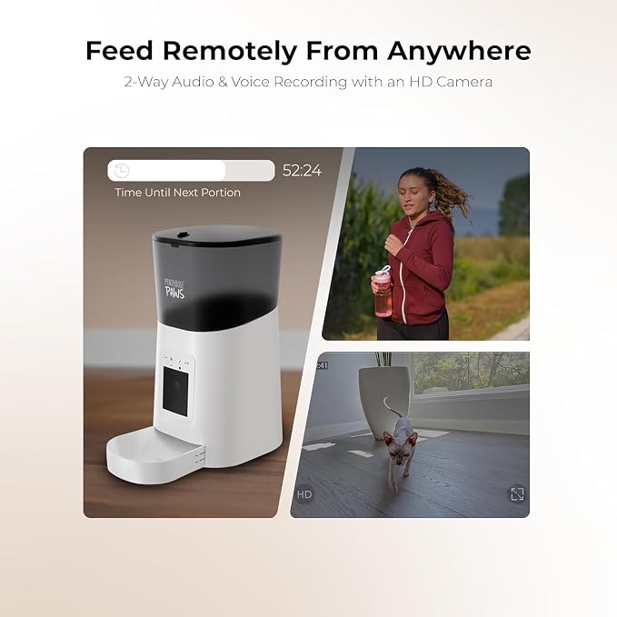 Smart HD Pet Feeder, 6L, White | 1080p Camera, 2-Way Audio, Voice Recording, Night Vision, Scheduled Meals, Backup Power, Easy to Clean, Anti-Jam Design