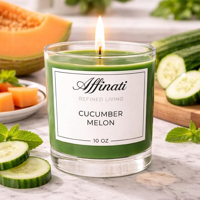Cucumber Melon Affinati 10 oz Scented Candle for Home – Long Lasting Fruity Soy Blend Candle with Wooden Wick, Strong Scent Throw Glass Jar Candles, Premium Clean Burning Aromatherapy Gifts