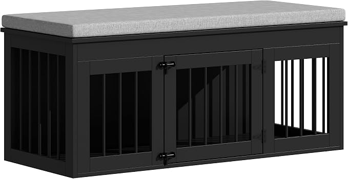 47.2" Large Dog Crate Furniture for Small Medium Dogs, Black | Indoor Furniture Style Wooden Dog Crate Kennel Cage House, End of Bed Bench Ottoman with Cushion,for Bedroom, Living Roome