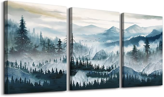 MHARTK66 Wall Art for Living Room,Mountain Landscape Wall Decor,Large Foggy Forest Artwork for Walls, 3 Piece Nature Paintings Prints for Bedroom Hallway Office Kitchen Home Decorations, 20x28 Inch