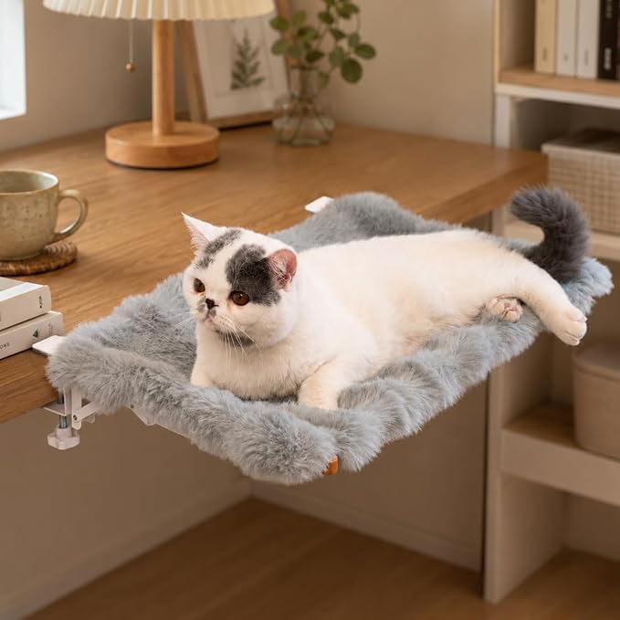 CHEERPALS Cat Desk Bed with Cushion Washable, 90°Fold Down Cat Hammock for Desk Mounted, Indoor Cats Furniture Supports 35lbs Suitable for Small-to-Medium Cats(Grey)