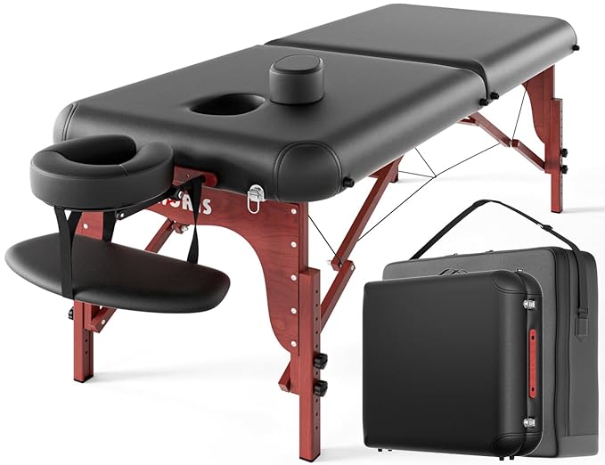 CLORIS 84" Professional Massage Table Portable 2 Folding Lightweight Facial Salon Spa Tattoo Bed Height Adjustable with Carrying Bag & Wooden Leg Hold Up to 1100LBS Black Widen