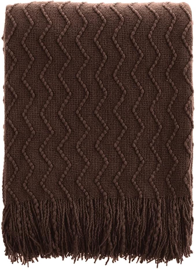 BATTILO HOME Dark Brown Throw Blanket for Couch, Boho Throw Blanket for Home Decor, Decorative Chocolate Knit Throw Blankets for Chair Sofa, Bed, 50"x60"