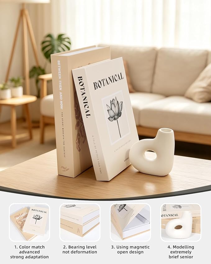 Decorative Books, Coffee Table Decor, 2 Linen Faux/Fake Books with Farmhouse Beads for Home Decor, Bookself, Entryway, Mordern Room Decor Aesthetic (Beige Grey)