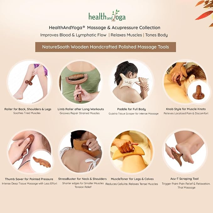 SoulGenie HealthAndYoga™ NatureSooth Wooden Massage Roller – Wood Therapy Massage Tools – Handheld Calf and Leg Massager, Back and Shoulder Massager and Full Body Massager