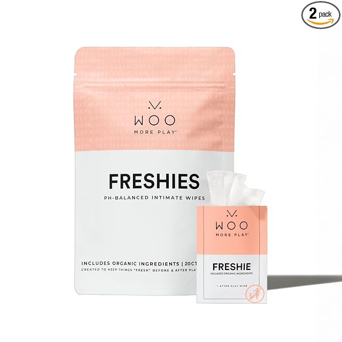 Woo More Play Freshies: All-Natural Feminine Intimacy Towelette Wipes with Coconut Water and Aloe Vera, Promotes Feminine Health & Helps Alleviate Irritation - Vegan and Cruelty Free, 20ct