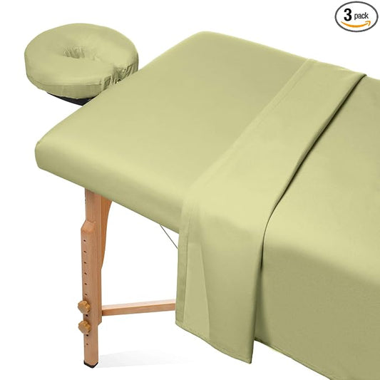Saloniture 3-Piece Microfiber Massage Table Sheet Set - Premium Facial Bed Cover - Includes Flat and Fitted Sheets with Face Cradle Cover - Sage Green