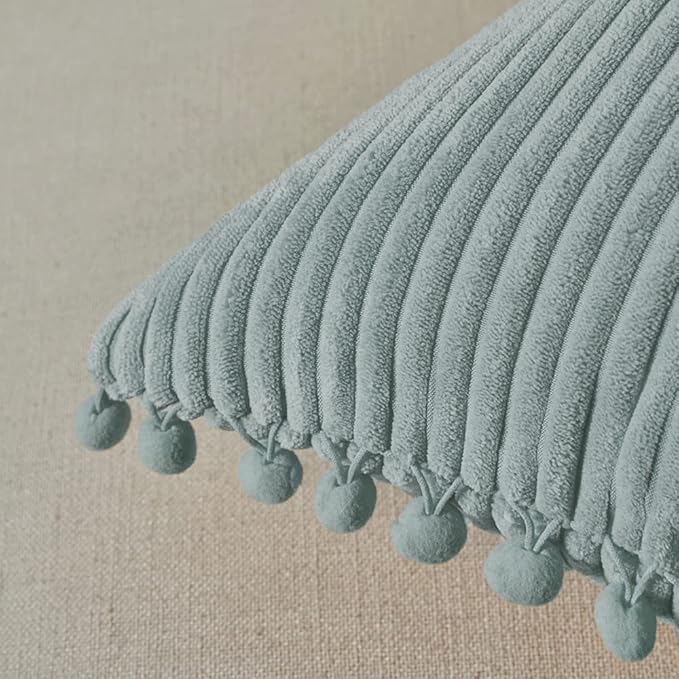 Fancy Homi Pack of 2 Farmhouse Lumbar Decorative Throw Pillow Covers with Pom-poms, Soft Corduroy Solid Rectangle Cushion Cases Set for Couch Sofa Bedroom Living Room (12x20 Inch/30x50 cm, Grey Blue)