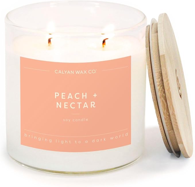 Calyan Wax Co. Peach & Nectar 2 Wick Scented Candle - 37 Hour Burn - Luxury Clean Soy Wax Candles - Long Lasting Large Glass Jar Candle for Home - 8.8oz